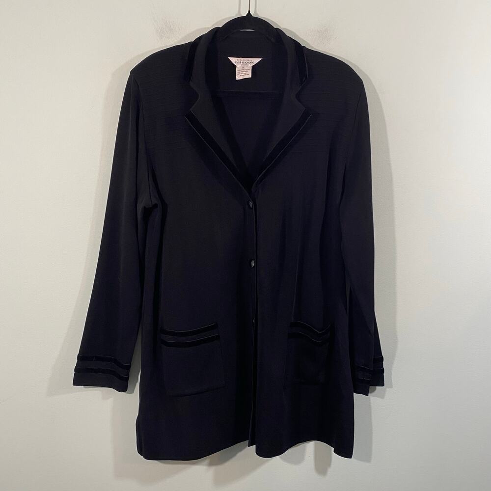Exclusively Misook Women Black Velvet Trim Detail Button Front Knit Blazer Sz 1X